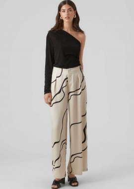 VERO MODA - Vero Moda γυναικεία παντελόνα ψηλόμεση με all-over contrast abstract print και πιέτες μπροστά - 10295435 Εκρού