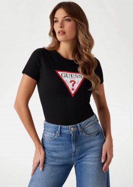 GUESS - Guess γυναικείο βαμβακερό T-shirt με τριγωνικό λογότυπο μπροστά - W1YI1BI3Z14 Μαύρο