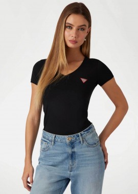 GUESS - Guess γυναικείο βαμβακερό T-shirt μονόχρωμο με τριγωνικό λογότυπο στο στήθος - W2YI45J1314 Μαύρο