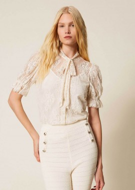 TWINSET - Twinset γυναικεία μπλούζα δαντέλα με φιόγκο - 261TP2625 Εκρού