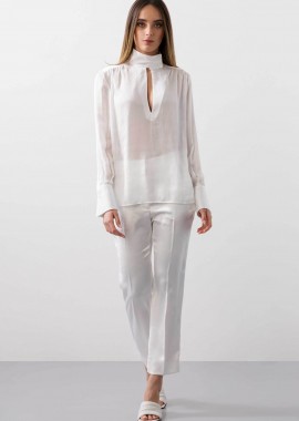 BCBGMAXAZRIA γυναικεία μπλούζα με ψηλή λαιμόκοψη και φαρδιά μανσέτα - 23SRT078VI05 Λευκό