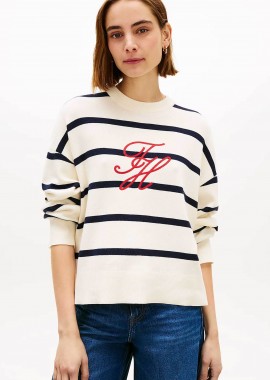 TOMMY HILFIGER - Tommy Hilfiger γυναικείο πουλόβερ με ριγέ σχέδιο και κεντημένο logo Relaxed Fit - WW0WW49768 Ασπρόμαυρο