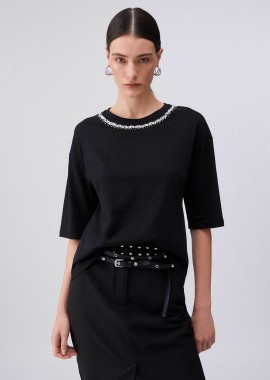 LIU JO - Liu Jo γυναικείο T-shirt με στρας Relaxed Fit - WA6128JS904 Μαύρο