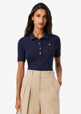LACOSTE - Lacoste γυναικεία πλεκτή μπλούζα πόλο με διάτρητο κεντητό σχέδιο Slim Fit - DF5296-00 Μπλε Σκούρο