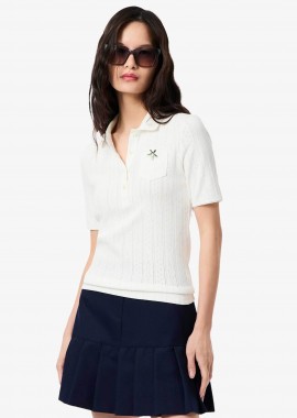 LACOSTE - Lacoste γυναικεία πλεκτή μπλούζα πόλο με διάτρητο κεντητό σχέδιο Slim Fit - DF5296-00 Λευκό