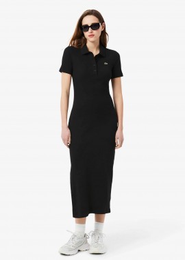 Lacoste γυναικείο midi φόρεμα πόλο ribbed με κεντημένο λογότυπο Slim Fit - EF9622-00 Μαύρο