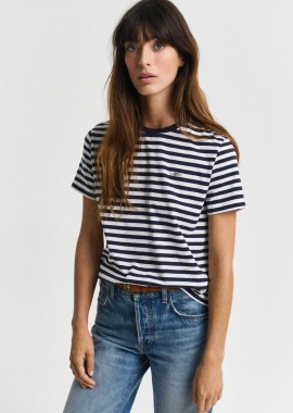 GANT - Gant γυναικείο T-shirt με ριγέ σχέδιο και κεντημένο λογότυπο Regular Fit - 4200564 Μπλε Σκούρο