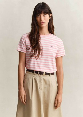 GANT - Gant γυναικείο T-shirt με ριγέ σχέδιο και κεντημένο λογότυπο Regular Fit - 4200564 Ροζ