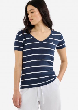 NAUTICA - Nautica γυναικείο T-shirt με V, ριγέ σχέδιο και κεντημένο λογότυπο