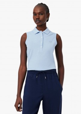 Lacoste γυναικεία μπλούζα πόλο αμάνικη πικέ με κεντημένο λογότυπο Slim Fit - PF5445 Μπλε Ανοιχτό