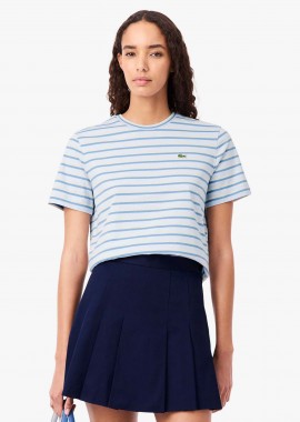 LACOSTE - Lacoste γυναικείο T-shirt με ριγέ σχέδιο και κεντημένο λογότυπο Regular Fit - TF7574-00 Μπλε Ανοιχτό