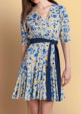 Attrativo γυναικείo mini φόρεμα με floral print και ζώνη - 9920832 Μπλε