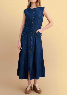 Attrattivo γυναικείο midi αμάνικο σεμιζιέ denim φόρεμα - 91253756 Μπλε Σκούρο