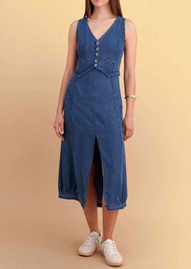 ATTRATTIVO - Attrattivo γυναικείο midi αμάνικο denim φόρεμα - 9923103 Denim Blue