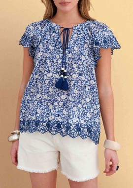 Attrativo γυναικεία μπλούζα με floral print και κέντημα - 9923280 Μπλε