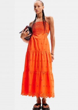 DESIGUAL - Desigual γυναικείο maxi βαμβακερό φόρεμα μονόχρωμο με σχέδιο με δαντέλα