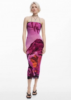 DESIGUAL - Desigual γυναικείο φόρεμα midi στράπλες με print