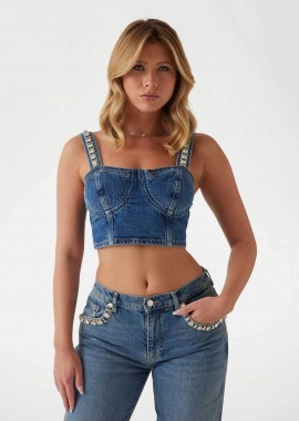 GUESS - Guess γυναικείο denim αμάνικο τοπ με διακοσμητικές πέτρες και λογότυπο - W5RH03D5ACC Denim Blue