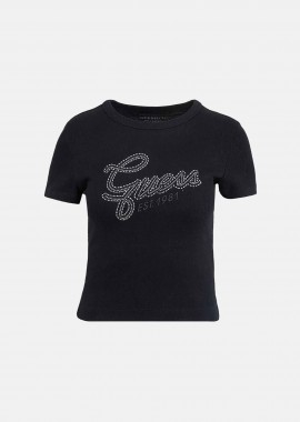 GUESS - Guess γυναικείο T-shirt με ανάγλυφο logo print και στρας Slim Fit - W6RI22KA0H1 Μαύρο