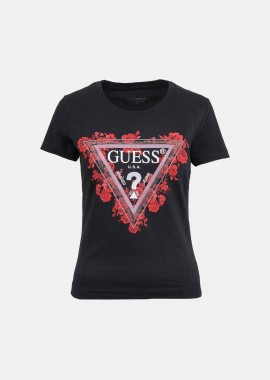 GUESS - Guess γυναικείο T-shirt με ανάγλυφο λογότυπο και floral print Slim Fit - W6RI23J1314 Μαύρο