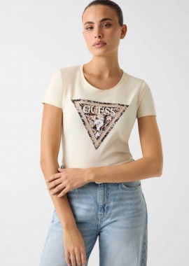 GUESS - Guess γυναικείο T-shirt και ανάγλυφο λογότυπο με στρας Slim Fit - W6RI32J1314 Μπεζ