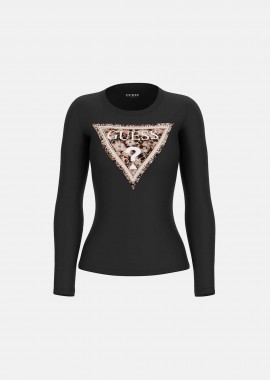 GUESS - Guess γυναικεία μπλούζα με ανάγλυφο λογότυπο με στρας Slim Fit - W6RI33J1314 Μαύρο