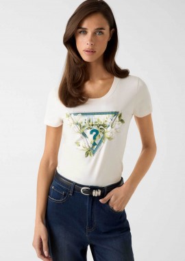 GUESS - Guess γυναικείο T-shirt με ανάγλυφο λογότυπο με στρας Slim Fit - W6RI35J1314 Κρέμ