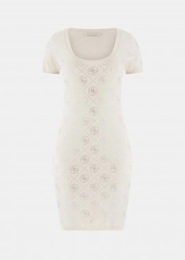 GUESS - Guess γυναικείο mini πλεκτό φόρεμα με all-over logo print με στρας - W6RK92Z3JD2 Μπεζ