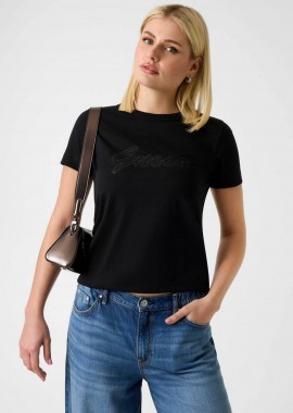 Guess γυναικείο T-shirt και ανάγλυφο λογότυπο με στρας Regular Fit - W6GI08K3023 Μαύρο