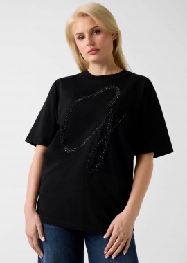 Guess γυναικείο T-shirt και ανάγλυφο λογότυπο με στρας Oversized Fit - W6GI39K3478 Μαύρο