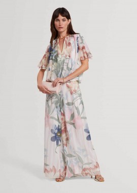 TED BAKER - Ted Baker γυναικείο ψηλόμεσο παντελόνι πλισέ με floral print Wide Leg