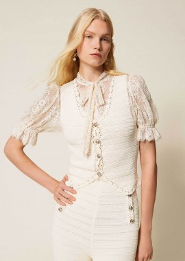 Twinset γυναικείο γιλέκο crochet με κουμπιά - 261TP3077 Μπεζ