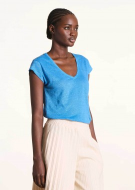 LA FEE MARABOUTEE - La Fée Maraboutée γυναικείο λινό T-shirt με V Straight Cut - FA-TS-DAVIA Γαλάζιο