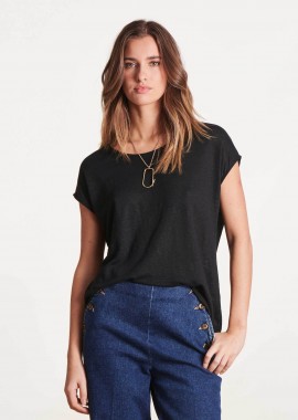 LA FEE MARABOUTEE - La Fée Maraboutée γυναικείο λινό T-shirt μονόχρωμο Straight Cut - FH-TS-VIRANO Μαύρο