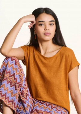 LA FEE MARABOUTEE - La Fée Maraboutée γυναικείο λινό T-shirt μονόχρωμο Straight Cut - FH-TS-VIRANO Πορτοκαλί