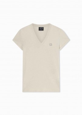ARMANI EXCHANGE - Armani Exchange γυναικείο T-shirt με V και logo patch Slim Fit - XW002292AF10356 Εκρού