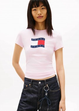 Tommy Jeans γυναικείο T-shirt με wavy flag print Slim Fit - DW0DW22781 Ροζ