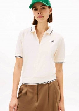 Tommy Hilfiger γυναικεία μπλούζα πόλο πικέ με φερμουάρ και κεντημένο monogram Regular Fit - WW0WW47853 Κρέμ