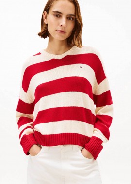 Tommy Hilfiger γυναικείο πουλόβερ με κασμίρι και ριγέ σχέδιο με κεντημένο logo flag Relaxed Fit - WW0WW47655 Κόκκινο
