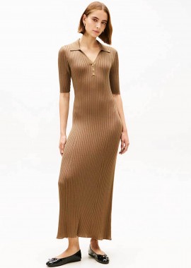 Tommy Hilfiger γυναικείο maxi φόρεμα πόλο ribbed με V Fit & Flared - WW0WW48447 Καφέ