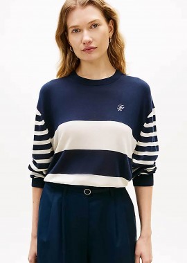 Tommy Hilfiger γυναικείο πουλόβερ με ριγέ σχέδιο και κεντημένο logo Regular Fit - WW0WW48501 Σκούρο Μπλε