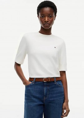 TOMMY HILFIGER - Tommy Hilfiger γυναικείο πουλόβερ με ριγέ σχέδιο και κεντημένο logo Regular Fit - WW0WW49705 Μπεζ