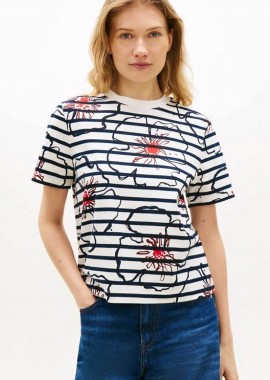 TOMMY HILFIGER - Tommy Hilfiger γυναικείο T-shirt με floral print Regular Fit - WW0WW49626 Μπλε Σκούρο