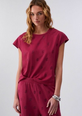 Liu Jo γυναικείο T-shirt με στρας Regular Fit - TA6168JS923 Μπορντό