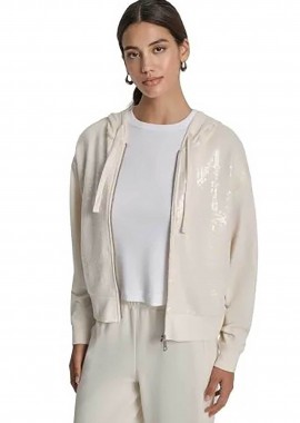DKNY - DKNY γυναικεία ζακέτα φούτερ με κουκούλα και παγιέτες - DJ6J6124 Εκρού