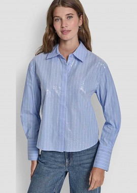 DKNY γυναικείο πουκάμισο με ριγέ σχέδιο και λαμπερή όψη - DJ6W2204 Γαλάζιο