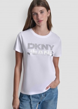 DKNY - DKNY γυναικείο T-shirt με logo print απο στρας - DJ6T1746 Λευκό