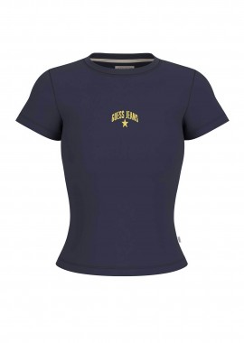 Guess γυναικείο T-shirt ribbed με κεντημένο λογότυπο Slim Fit - W6GPZ3KA0H1 Μπλε Σκούρο