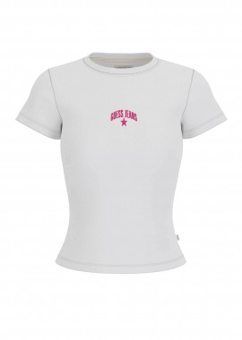 Guess γυναικείο T-shirt ribbed με κεντημένο λογότυπο Slim Fit - W6GPZ3KA0H1 Λευκό