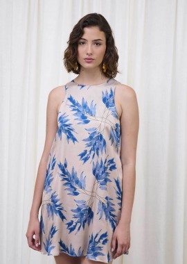 Capetanissa γυναικείο mini φόρεμα αμάνικο με σατέν όψη και leaf print Relaxed Fit 